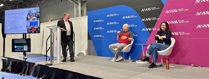 SBE Chapter 15's Bud Williamson and Jeff Schick, with WRHU(FM) alum Jade He.