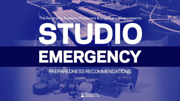 The text "Studio Emergency Preparedness Recommendations" appears over a background of images of studio equipment