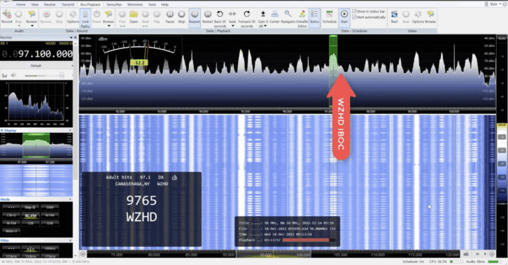 The SDR Console software displays 10 MHz of bandwidth that reveals a meteor scatter ping bringing in western New York FM stations from Highland County, Va.