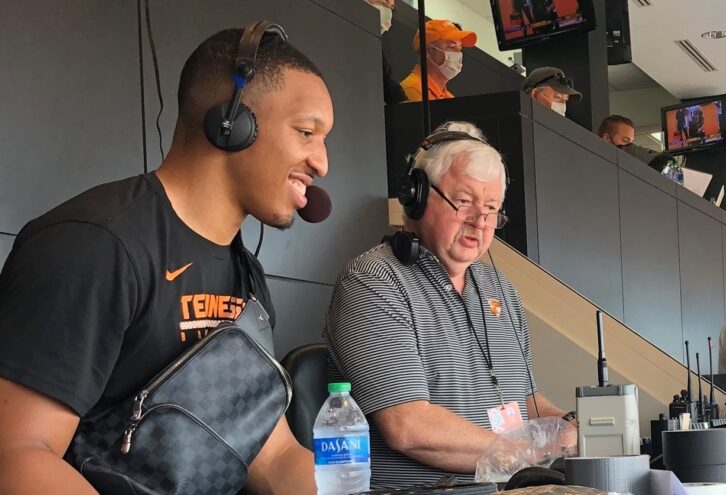 Tim Berry, right, in the Vol Radio Network booth with UT alum Grant Williams, who now plays in the NBA.