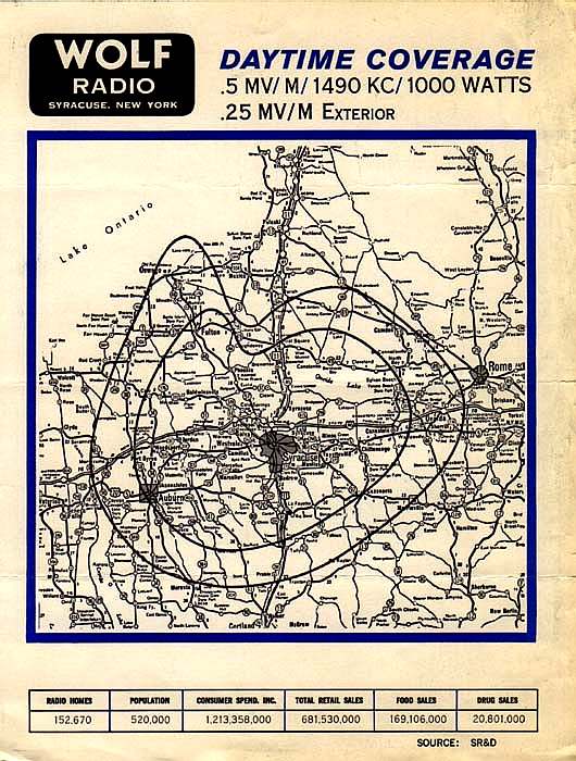The coverage area for Syracuse's WOLF(AM) from a 1960s photo, shown with a null toward CFRC(AM) in Kingston, Ontario, from WOLF's website.