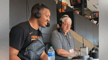 Tim Berry, right, in the Vol Radio Network booth with UT alum Grant Williams, who now plays in the NBA.