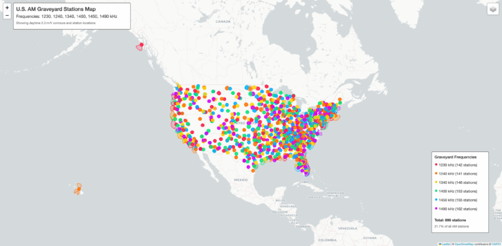 A map showing the locations of U.S. AM stations operating on the "graveyard" frequencies. Click for an interactive version.