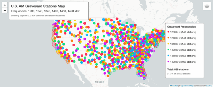 A map showing the location of the U.S. "graveyard" AM stations across the lower 48 states. Click for an interactive version.