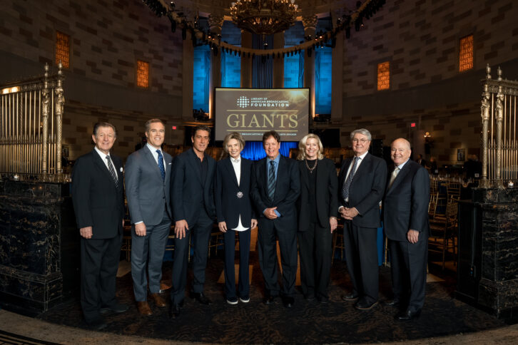 From the left: Gary Sandy, Peter Alexander, David Muir, Lesley Visser, Rick Dees, Lynn Beall, John Fiore, Jr. and Dick Ferguson
