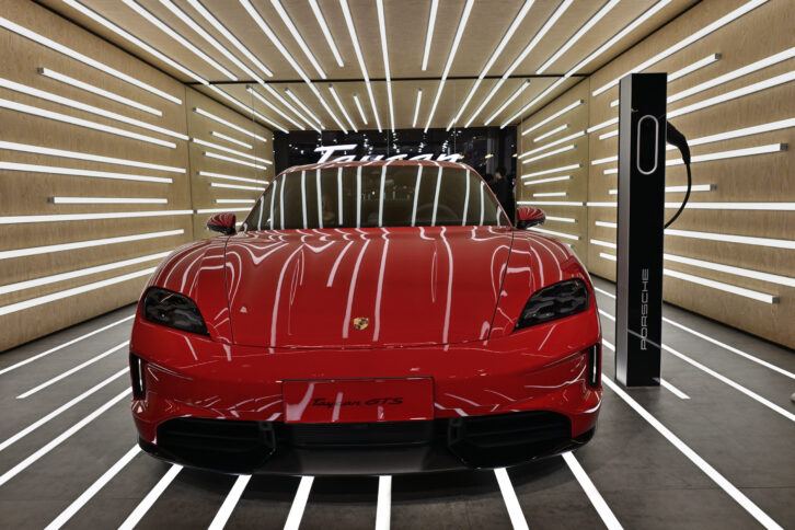 Porsche Taycan GTS vehicle is on display during the 21st Shanghai International Automobile Industry Exhibition. Credit: Yan Minglei/VCG via Getty Images