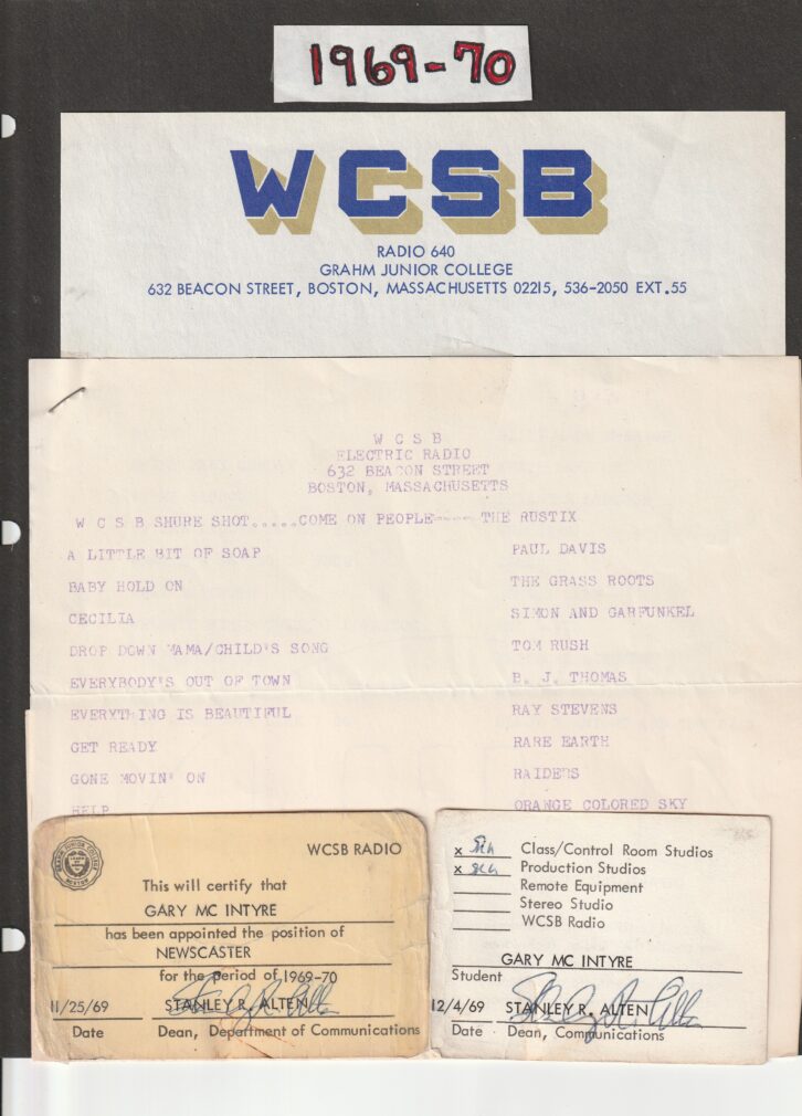 McIntyre's WCSB documentation includes a survey sheet from spring 1970 and newscaster and production room certification cards.