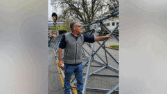 Caption: Skalish bids adieu to a dismantled tower that was used for WBEB(FM)’s STL from City Line Avenue in Bala Cynwyd, Pa., in 2024.