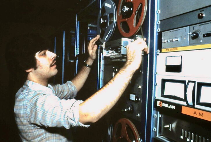 Skalish assessed tape at KYW(AM)’s headquarters at 5th and Market Streets, circa 1982.