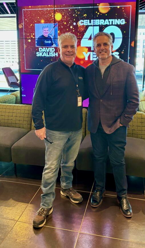 Dave Skalish, left, and David Yadgaroff, Audacy’s Philadelphia senior VP and GM, are both new members of the Philadelphia Broadcast Pioneers Hall of Fame. This was taken as Skalish was honored for 40 years of service with KYW(AM/FM) earlier this year.