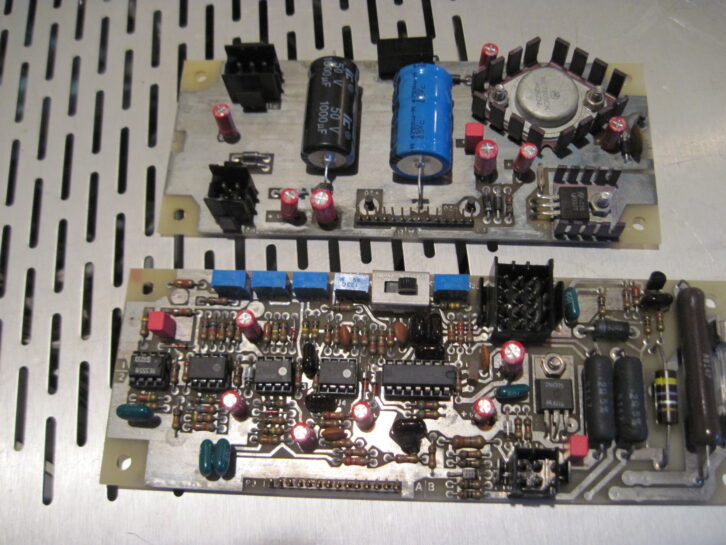 Fig. 5: Two of the completed boards (control and modulator) with new electrolytic capacitors.