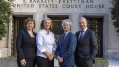 Breeze Richardson, Executive Director of Aspen Public Radio, Tami Graham, Executive Director of KSUT Public Radio, Steve Zansberg, legal counsel representing the Colorado stations, and Stewart Vanderwilt, President/CEO of Colorado Public Radio, stand in front of DC District Court on Dec. 4, 2025.