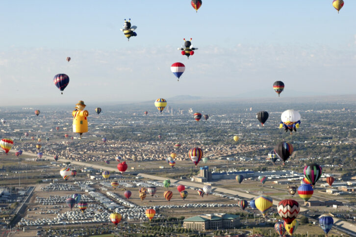 ALBUQUERQUE, NM - OCTOBER 2: An aerial view is seen as the balloons take off during the 33rd annual Albuquerque International Balloon Fiesta "Freedom in the Air" with over 750 balloons and 100,000 specators on October 2, 2004 in Albuquerque, New Mexico. (Photo by John Bashian/Getty Images)
