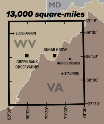 The National Radio Quiet Zone, a 13,000-square mile area that has guidelines for the use of licensed, fixed, radio transmitters. Credit: Green Bank Observatory