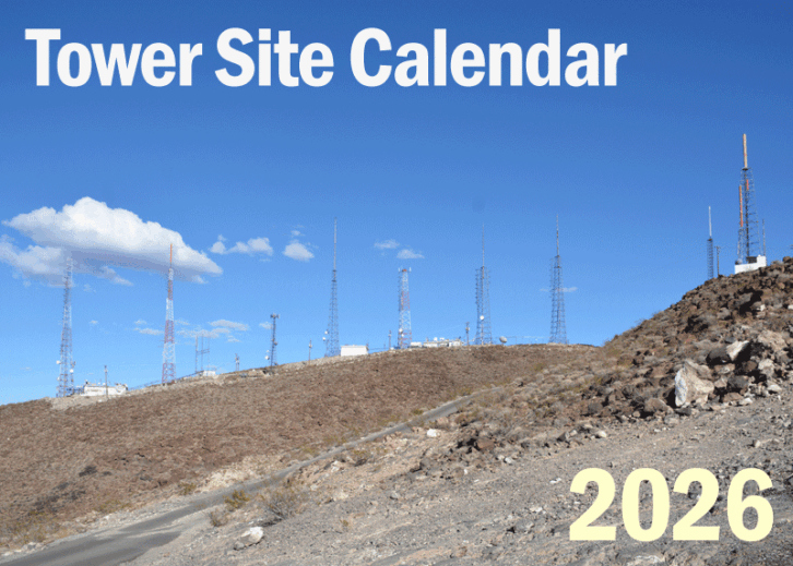 The cover of the final Tower Site Calendar for 2026 features Black Mountain tower farm outside Las Vegas.