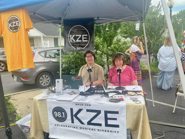 Hofstra graduate and WRHU alum Cody Hmelar, left, with Bernie Wagenblast, former Shadow Traffic reporter, on air during WKZE’s coverage of the BeckHook Pride Day Festival in June. “If Andy was not at WRHU, I don’t think even half of the people who went on to a career in media would have actually ever gotten to that point,” Hmelar said.