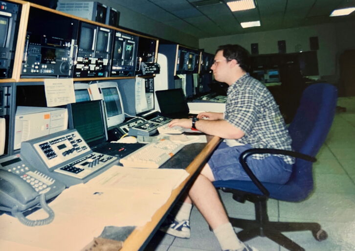 A young Gladding at the controls of MTV Latin America in 1999. While in high school, he got a job at MTV’s satellite uplink center in Hauppauge.