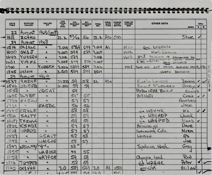 Higbie's logbook, operating with the amateur radio callsign DL4QQ, from Aug. 24, 1968.