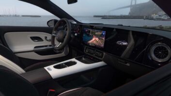The interior of the electric Mercedes-Benz CLA 250+ model, with the Golden Gate Bridge visible outside through the windshield