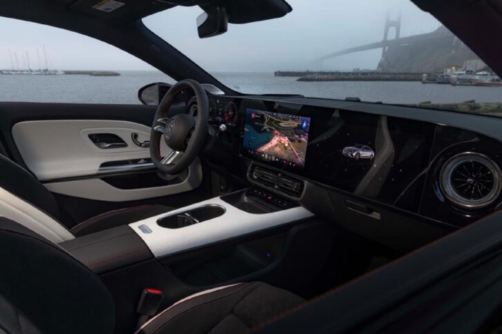 The interior of the electric Mercedes-Benz CLA 250+ model, with the Golden Gate Bridge visible outside through the windshield
