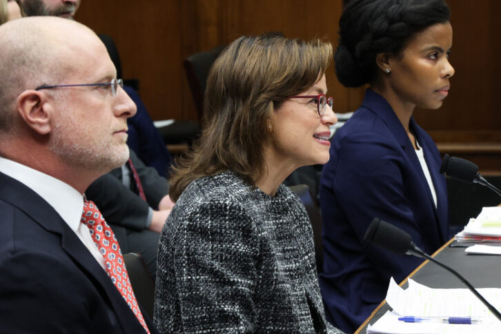 WASHINGTON, DC - JANUARY 14: (L-R) Federal Communications Commission (FCC) Chairman Brendan Carr, Federal Communications Commission (FCC) Commissioner Anna Gomez and Federal Communications Commission (FCC) Commissioner Olivia Trusty testify before the House Energy and Commerce Committee in the Rayburn House Office Building on January 14, 2026 in Washington, DC. The committee heard testimony on oversight of the Federal Communications Commission. (Photo by Win McNamee/Getty Images)