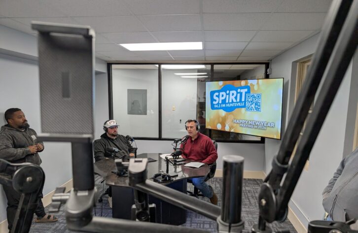 L to R: Allen Barnes, Worship Pastor, FBC Huntsville; Tyler Fordyce; and Pastor Jason Bay shown on Launch Night shortly after midnight on Jan. 1, 2026 at the new Spirit Studio.