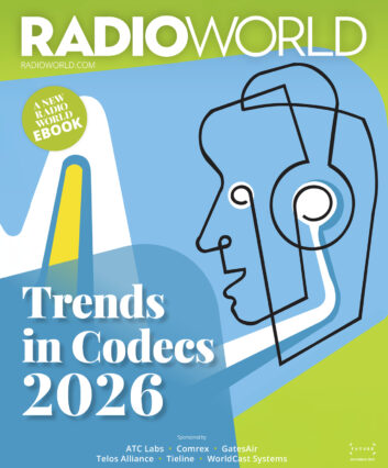 The cover of a Radio World ebook featuring a stylized image of a person wearing headphones