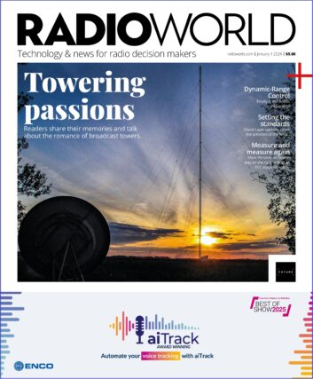 The cover of the January 1 issue of Radio World featuring a dramatic photo of a radio tower at sunset