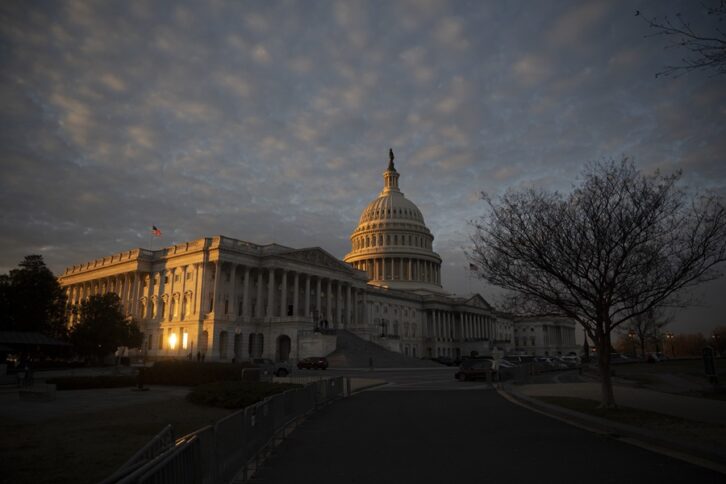 The U.S. Capitol seen at sunset in December 2025.