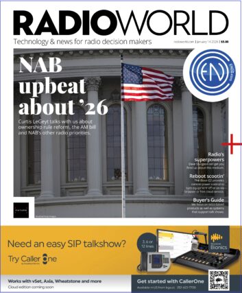 The cover of Radio World showing a closeup of a flag flying in front of the dome of the U.S. Capitol