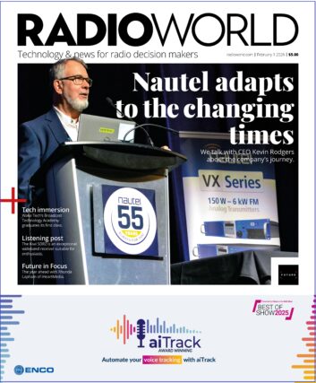 The cover of Radio World shows Kevin Rodgers of Nautel standing at a podium