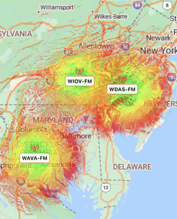 The Longley-Rice coverage areas depicted for 105.1 WIOV(FM), 105.1 WAVA(FM) and 105.3 WDAS(FM), from the RadioLand app.