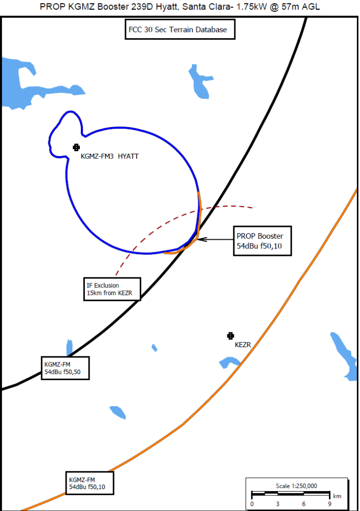 The coverage area of KGMZ(FM3) from Santa Clara, within KGMZ's primary F(50,50) and F(50,1) 54 dBu contours. Click to enlarge.
