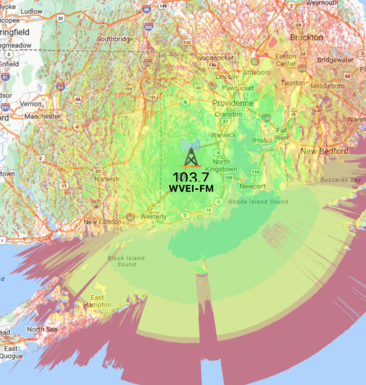 WVEI(FM)'s Longley-Rice coverage area, from the RadioLand app.