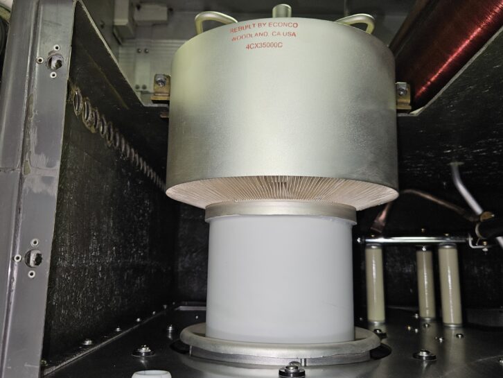 A freshly rebuilt Econco 4CX35000C during installation into the MW-50A at WTAR in 2024.