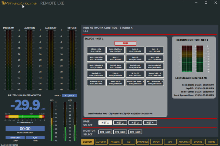 Any of the four LXE studio positions can perform actions from their touchscreens, attached to the LXE engine.