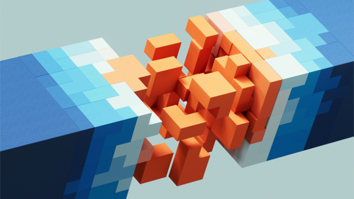Abstract cubes collide in a burst of data energy, symbolizing AI logic, data integration, cloud infrastructure, and seamless digital collaboration.