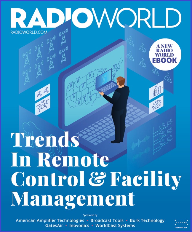 Cover of ebook with a cartoon image of a person standing in front of numerous screens monitoring various parameters of broadcast operations