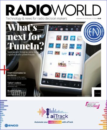 Cover of Radio World Feb. 11 issue with a display of TuneIn's platform in the dashboard of a Tesla