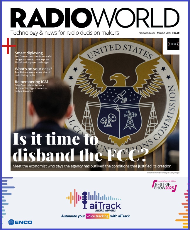 Cover of Radio World with a view of a large FCC logo hanging on a wall. The back of a man's head is visible in the foreground