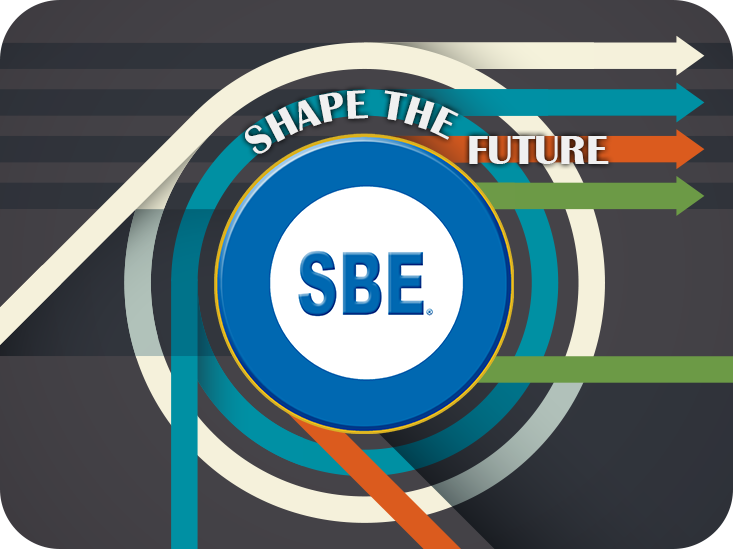 The SBE logo enhanced with colorful circles and the slogan "Shape the Future"