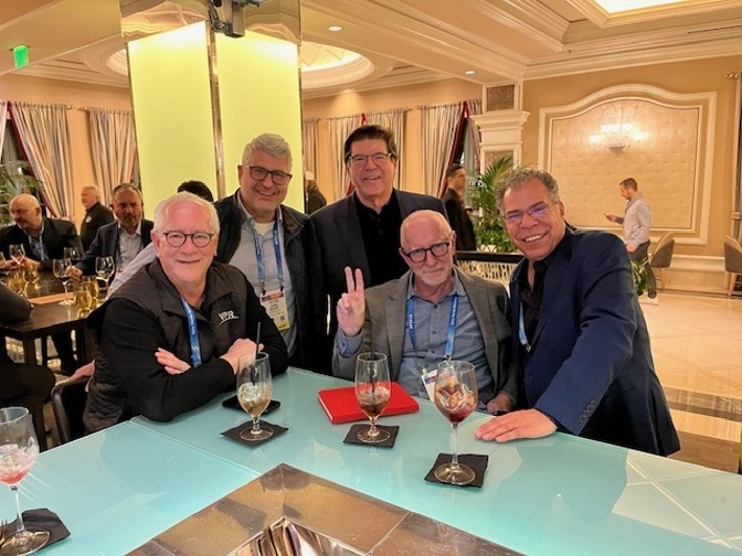 Radio industry professionals Paul Jacobs, Chris Brunt, Steve Newberry, Fred Jacobs and Tony Garcia compare notes at CES.