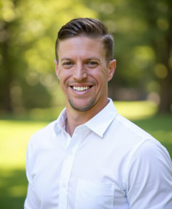 Joey Martin stands in an outdoor setting wearing an open-collar white business shirt and smiling at the viewer.