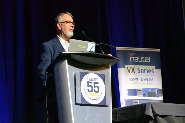 The leader of Nautel speaks at a company event during the NAB Show in 2024.