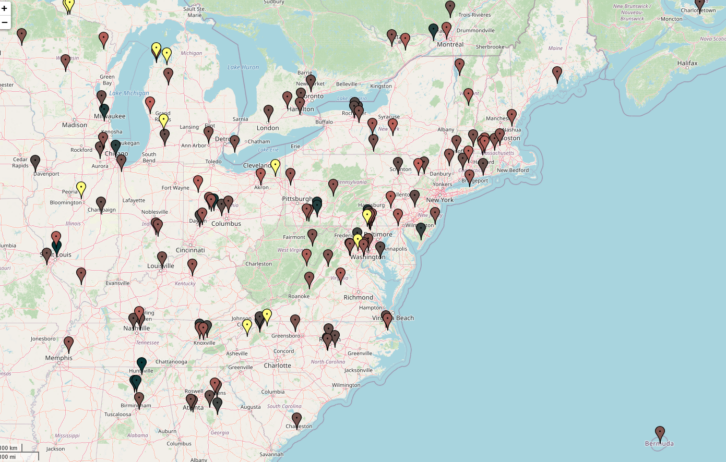 KiwiSDR-accessible receivers in the eastern United States.