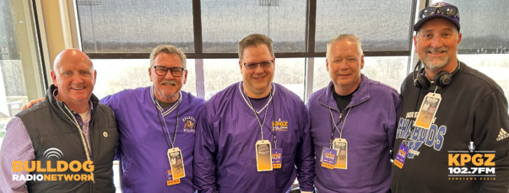 Kelly Gentry, Bulldog Radio Network color analyst; Mike Davis, Bulldog Radio Network special assignment reporter; Brian Watts, KPGZ general manager; Jim Dickerson, Bulldog Radio Network play-by-play voice; and Eric Stevens, Bulldog Radio Network field reporter.