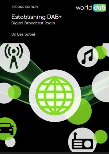 Cover image of the WorldDAB ebook with conceptual images of a globe, a tower and music notes