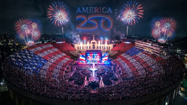 Rendering of the Los Angeles Memorial Coliseum on July 4, 2026, where America250 will host a large-scale concert anchoring a nationwide Fourth of July celebration.