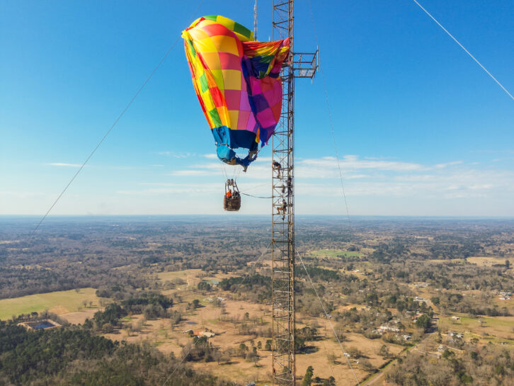 A hot air balloon struck the KYKX(FM) radio tower in Gregg County, Texas, on the morning of Feb. 28. Credit: Longview Fire Department