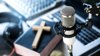 Christian radio broadcast, podcast studio interior. preacher reads the bible online, records a podcast.